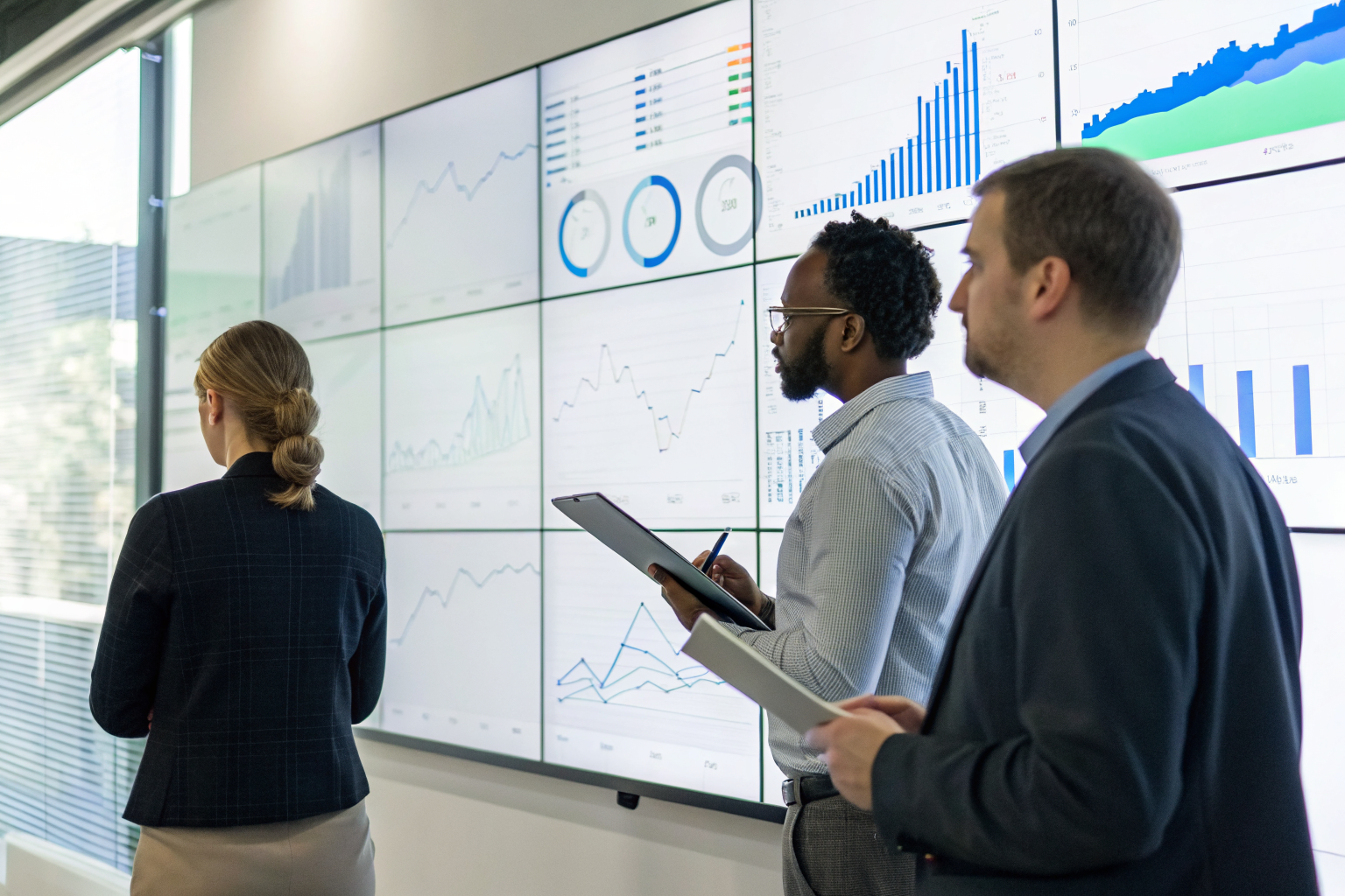 Team analyzing AI migration metrics on display screen.