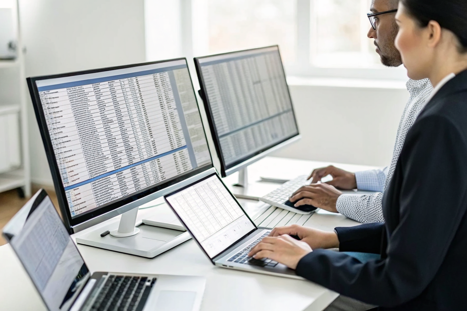 Professionals using scoring rubrics for AI vendors in an office.