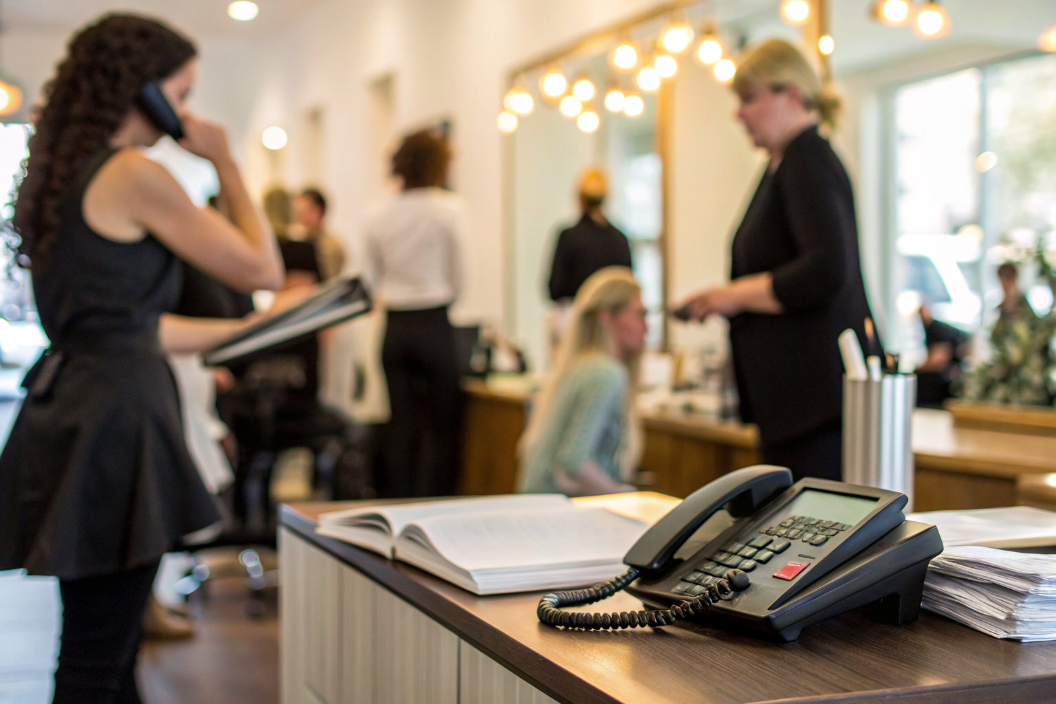 Salon phone ringing on desk, staff busy during lunch rush.