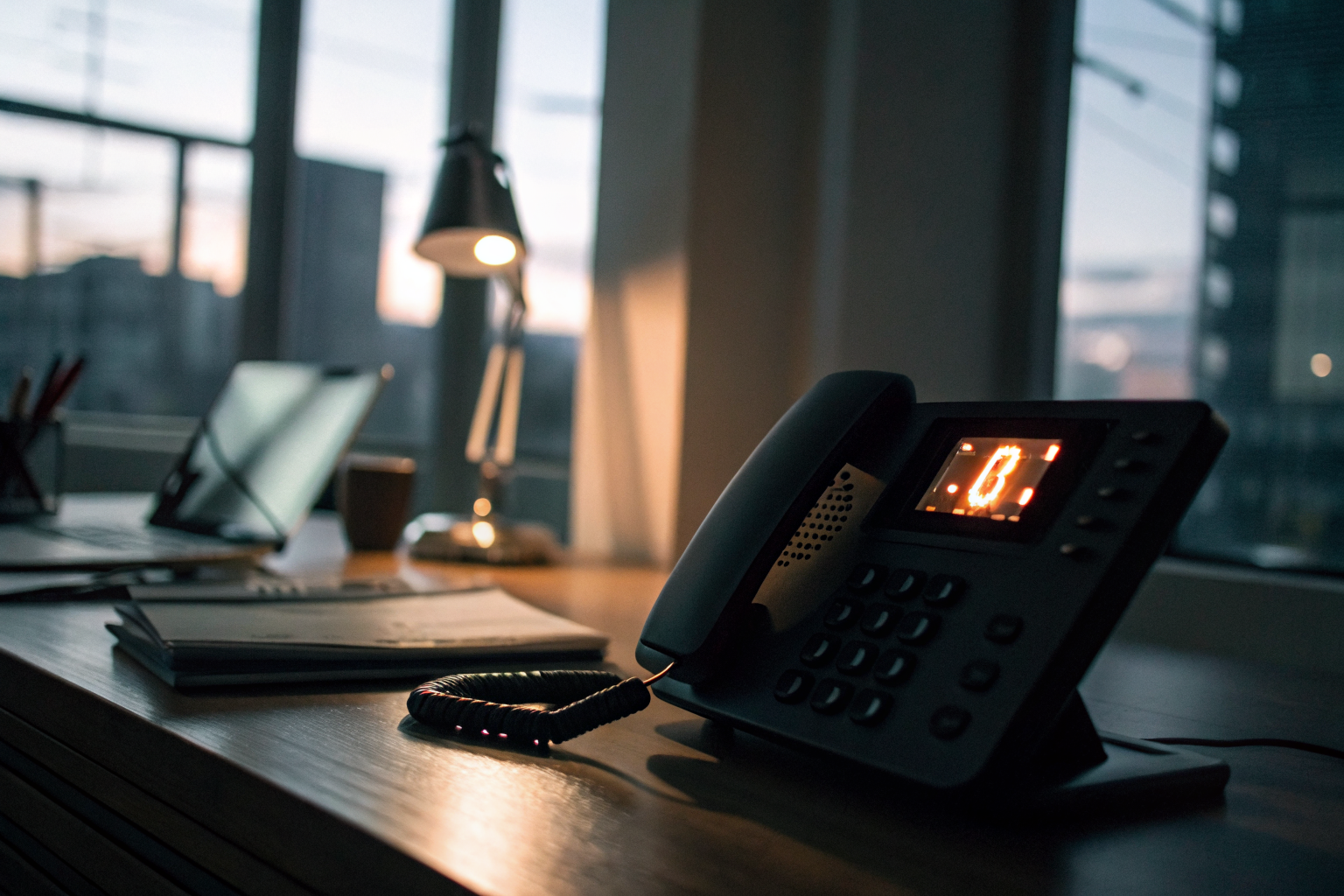 Office at night with phone managing calls, digital clock showing late hours.