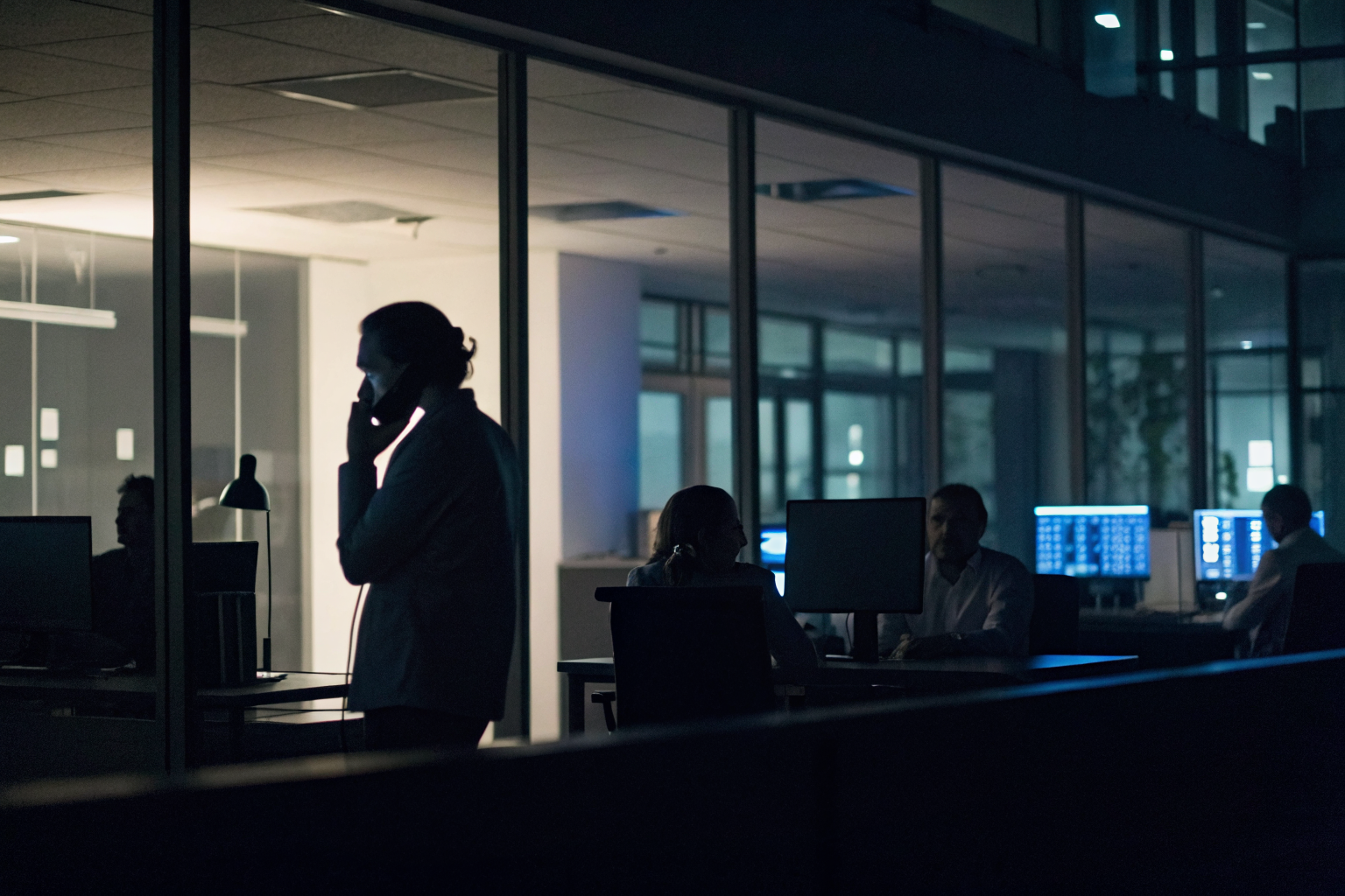 AI system handling calls at night in an office with timestamp displays.
