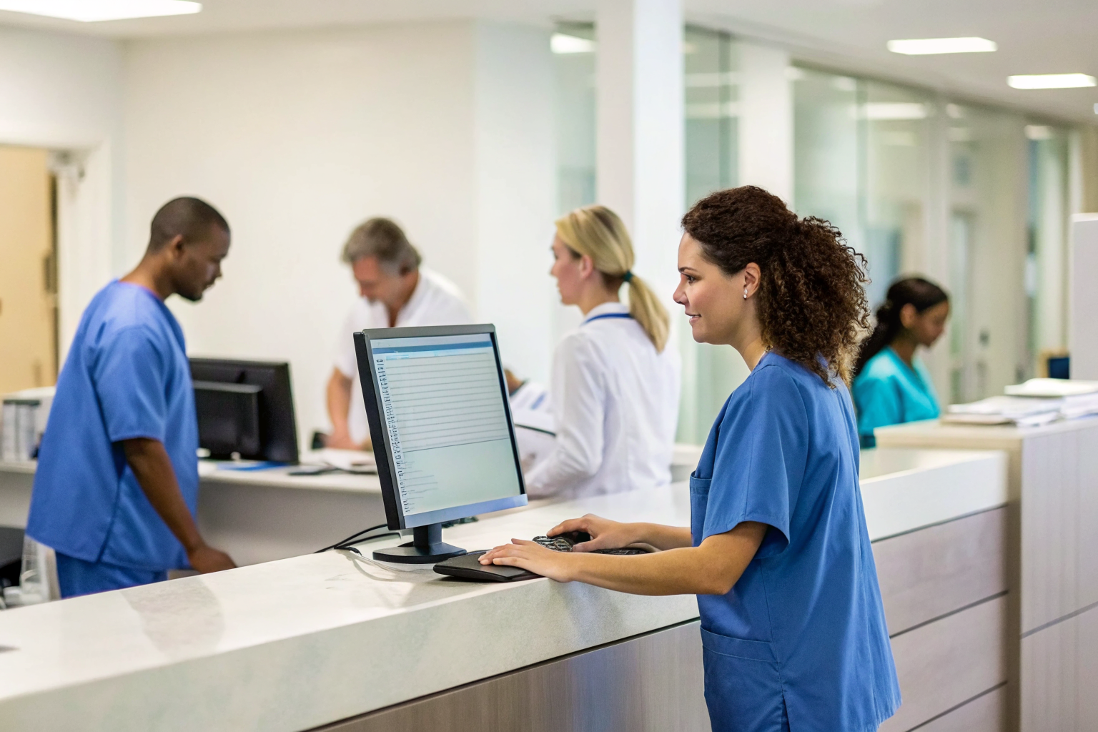 Medical office desk with AI software for scheduling on screen.