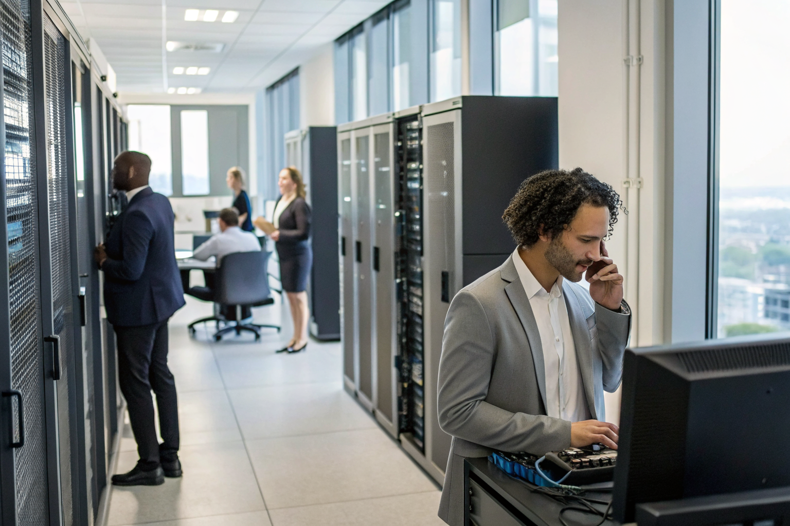 AI system routing calls, tech office, modern equipment.