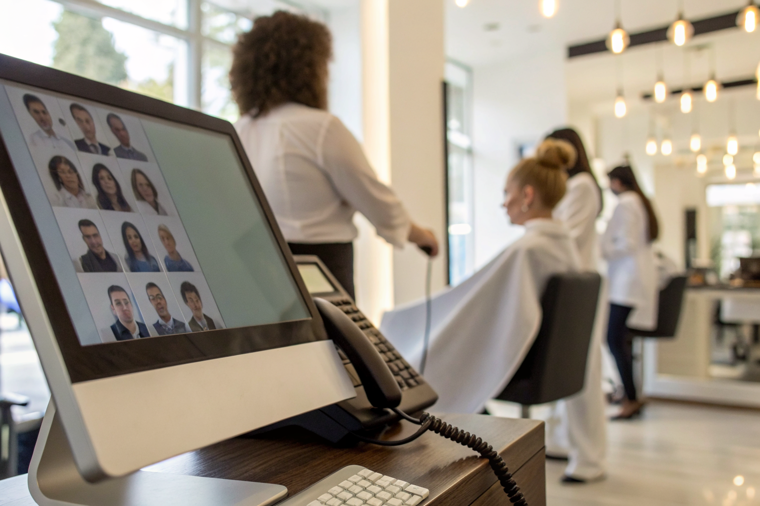 AI interface answering call in salon, stylists working in the background.