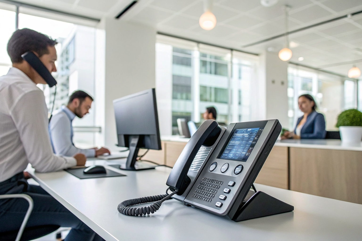 AI device handling appointment booking and FAQs calls in an office.