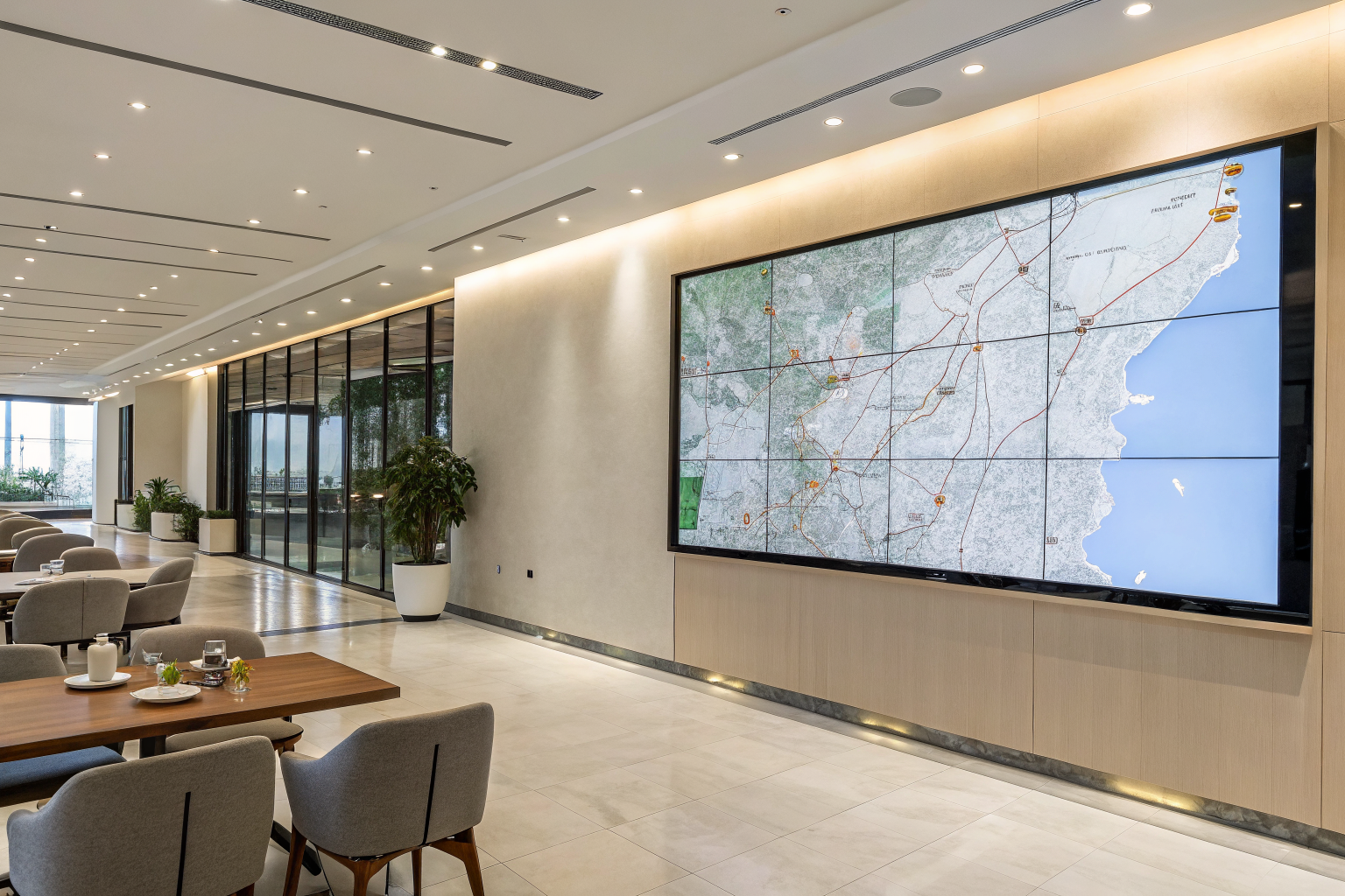 Office with map showing AI call routing for restaurants.