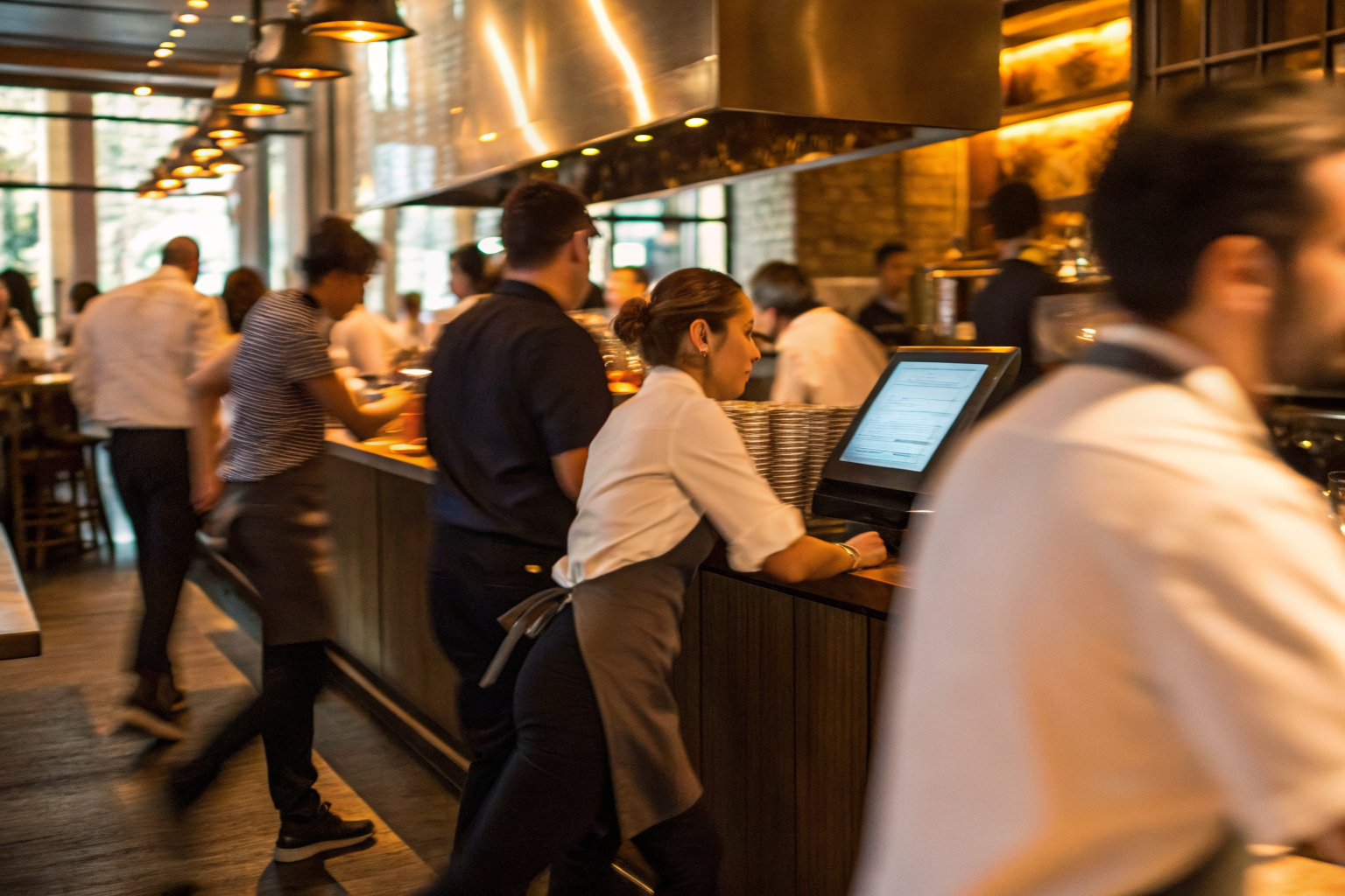 Busy restaurant staff, AI handling calls efficiently.