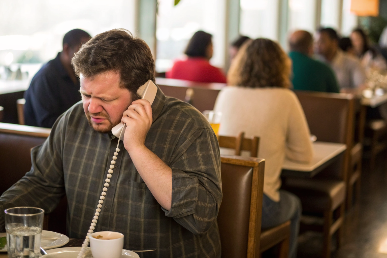Frustrated customer hanging up phone.