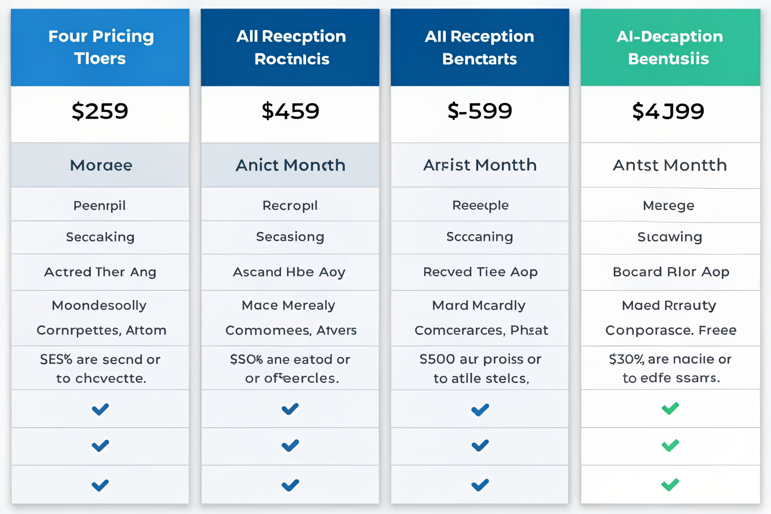 Chart with four AI receptionist pricing tiers, detailed annotations.