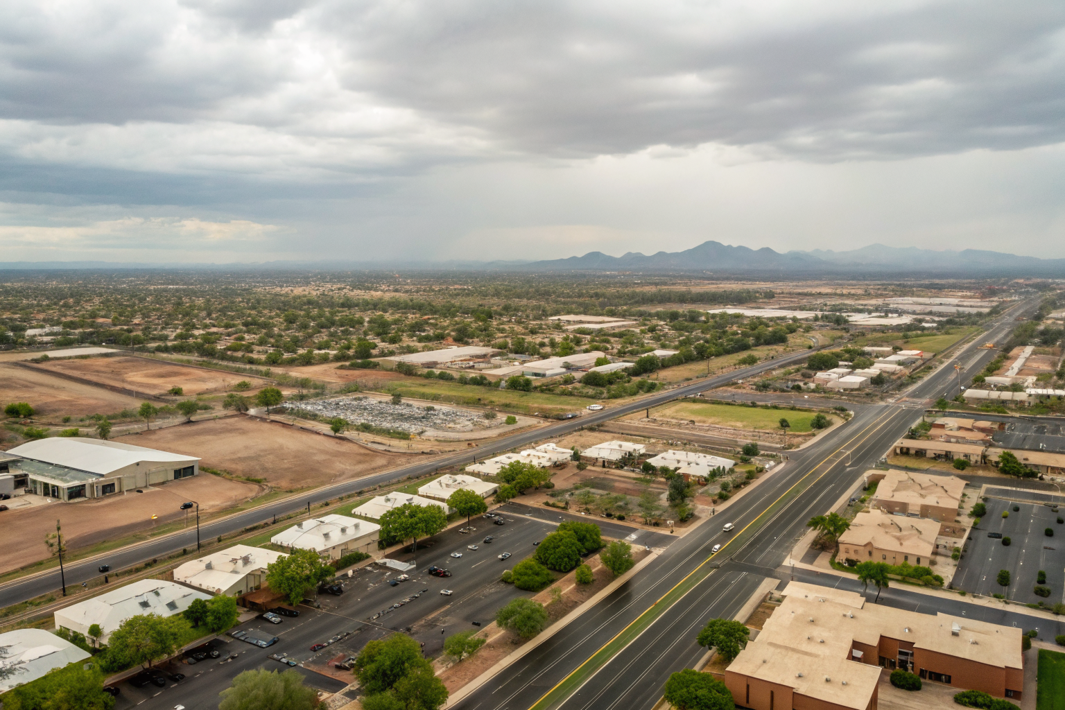 Aerial view of Gilbert neighborhoods and commercial areas.
