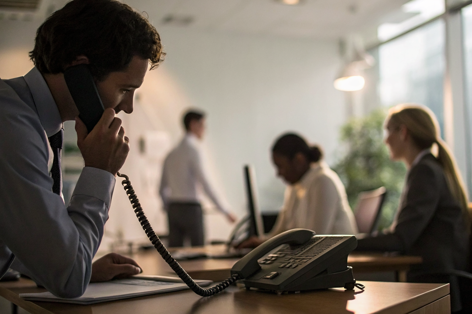 Busy office with phone ringing, staff unable to answer.