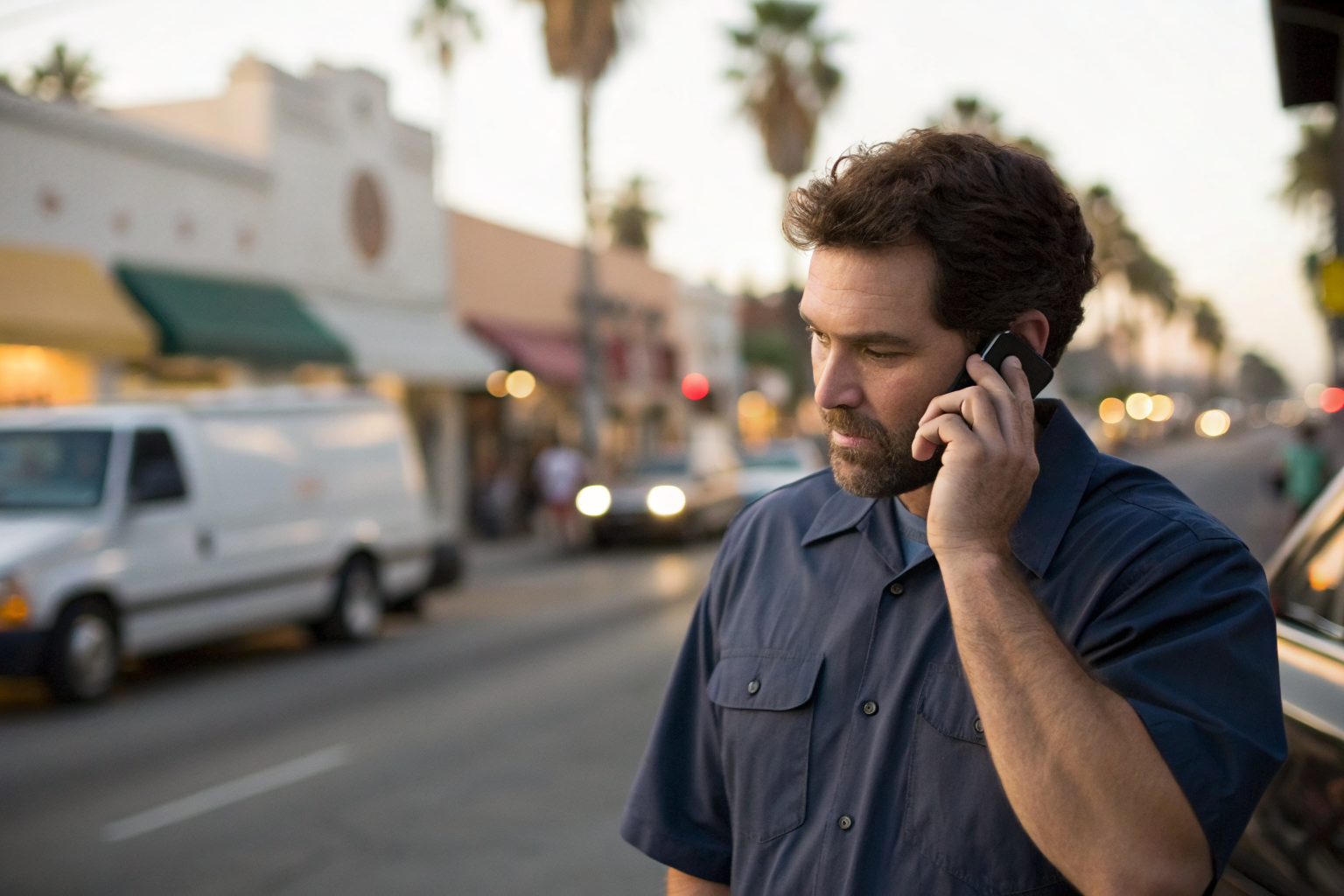 Glendale HVAC technician receiving a call, busy street in background.
