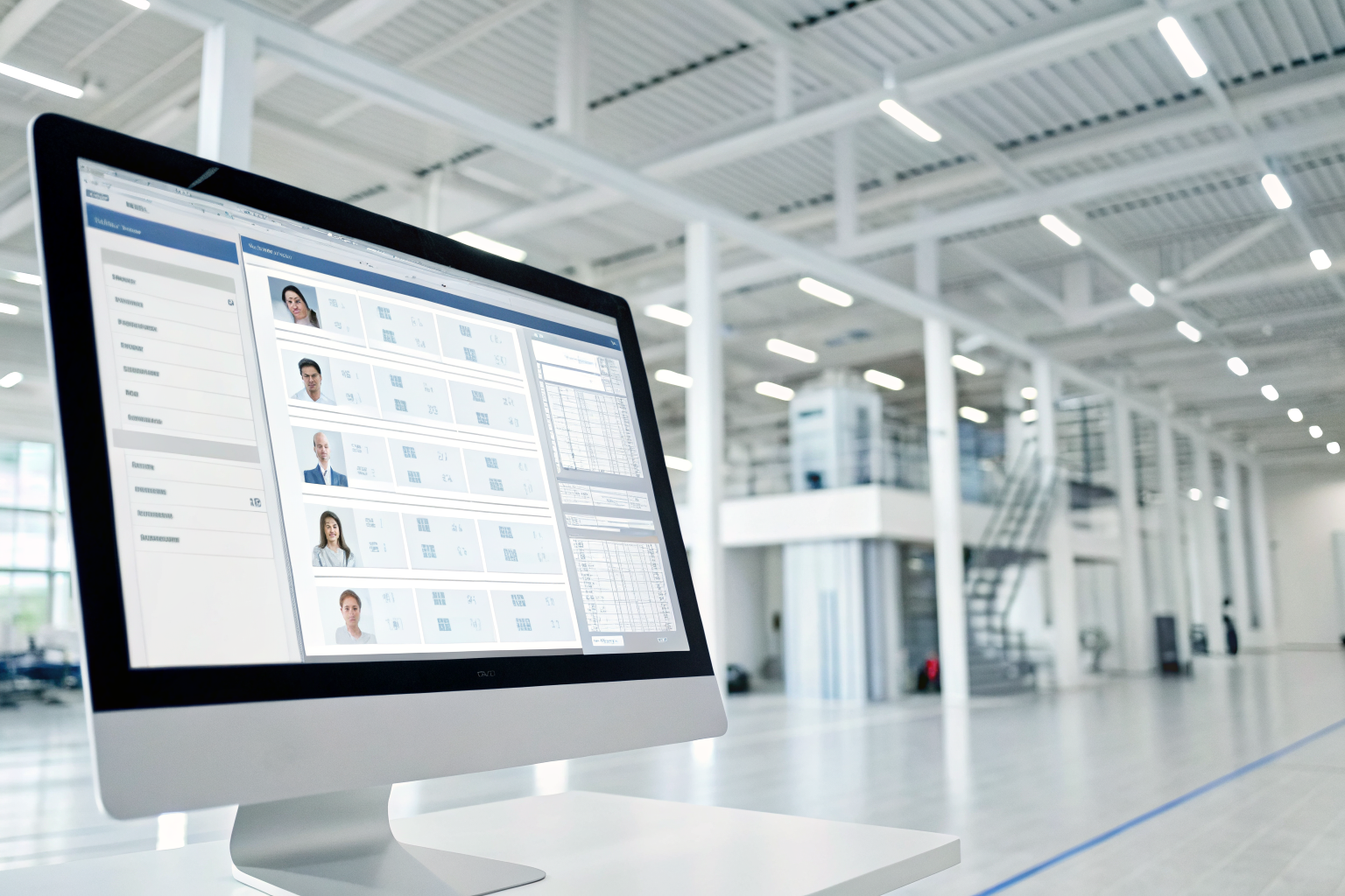 AI receptionist interface with CRM records in a tech office.