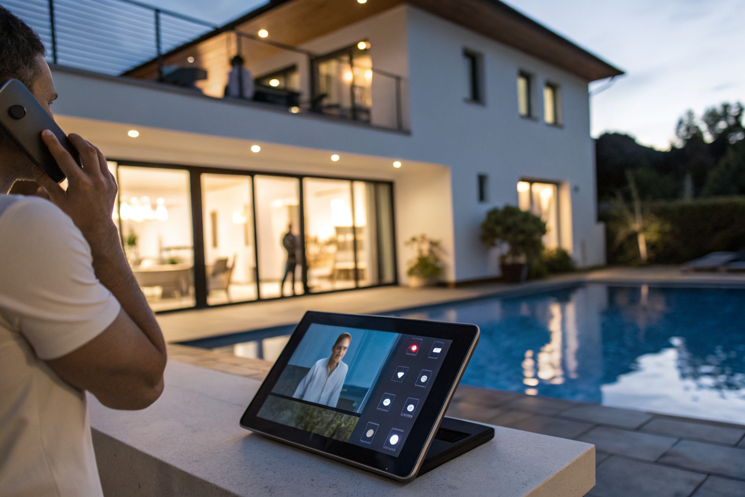 AI system answering pool company call with homeowner on phone.