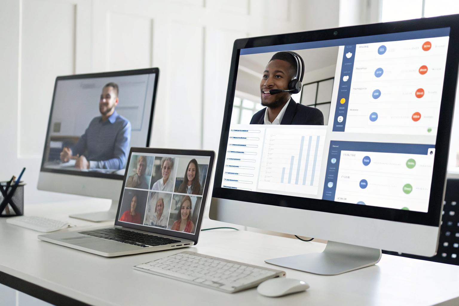 Desk with screens showing AI communication channels.