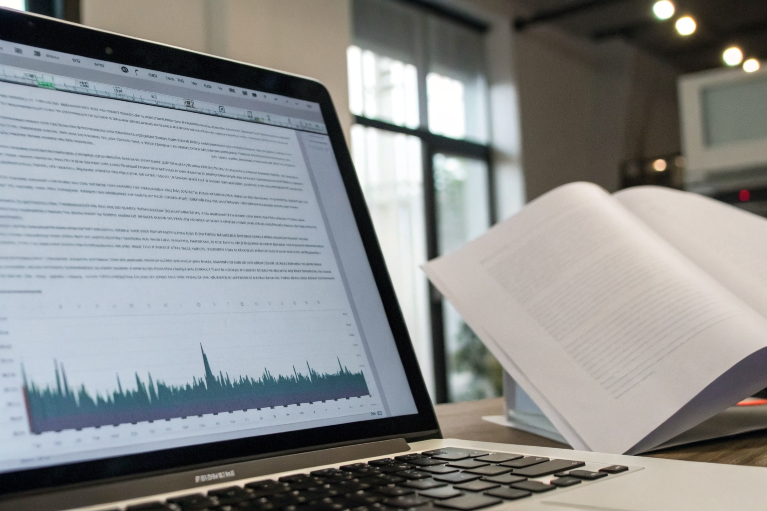Computer screen with AI transcription and text document open.