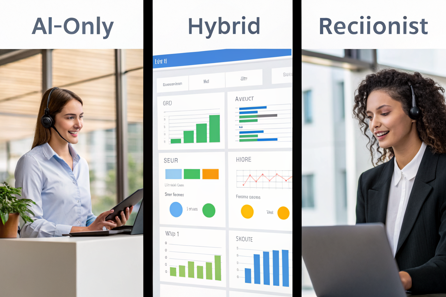 Panels showing AI-only, hybrid, live receptionist setups with costs.