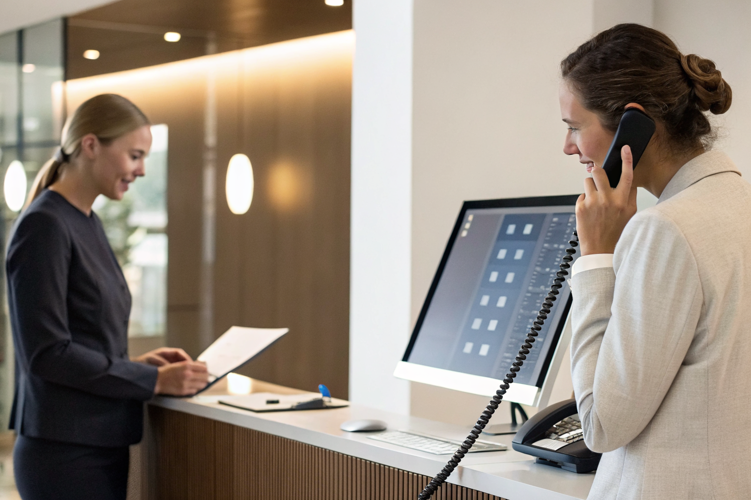 Comparison of AI interface and human receptionist desk with phone.