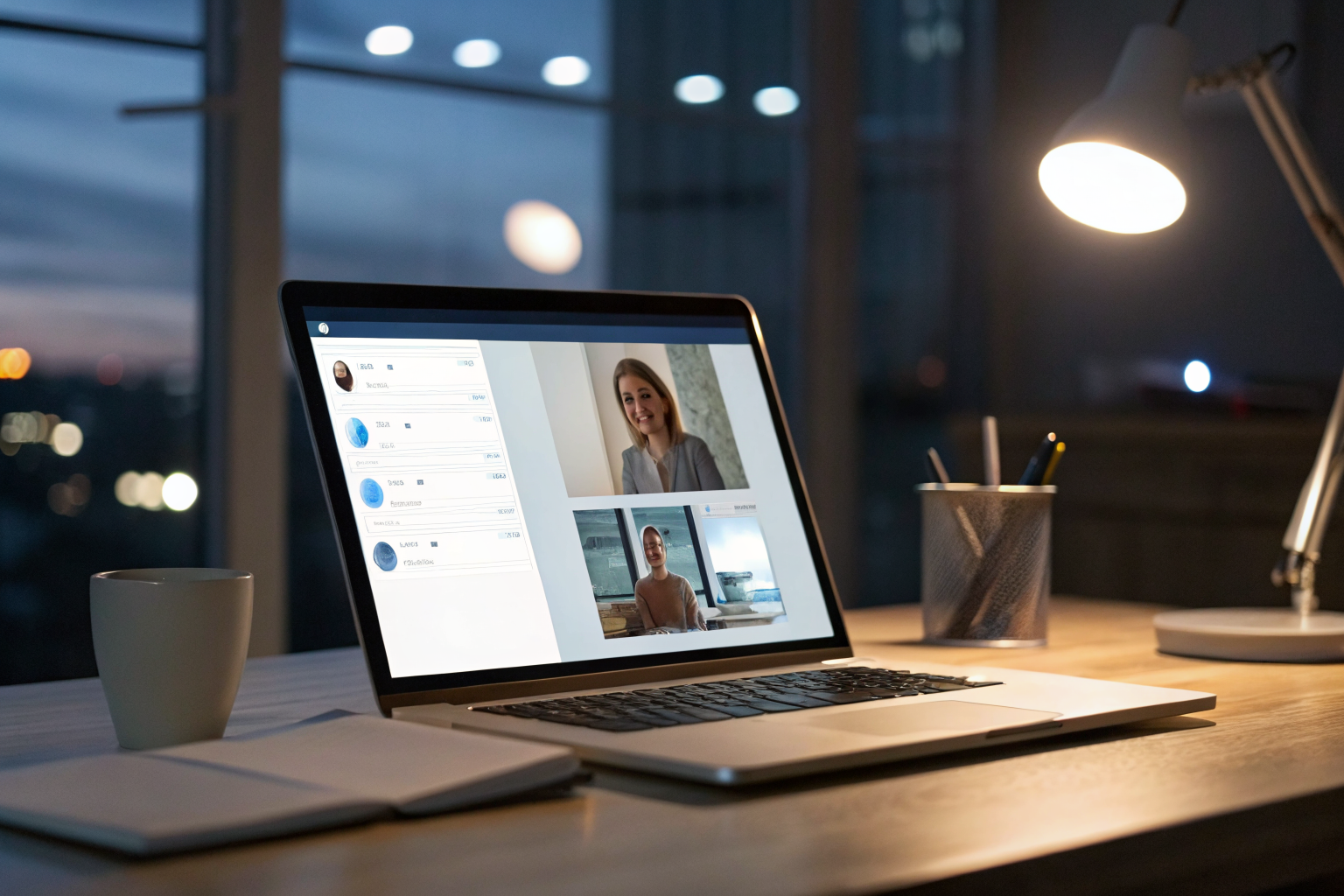 AI webchat interface on laptop screen engaging a user in an office at night.