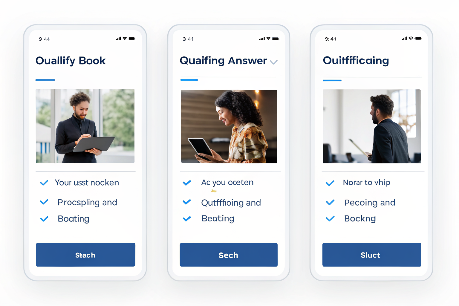 Screens displaying steps of AI workflow: answer, qualify, book.