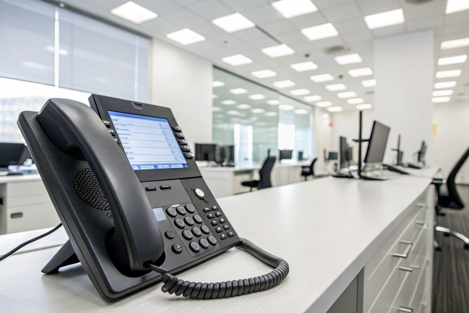 Office phone showing a call-handling system interface for client intake.