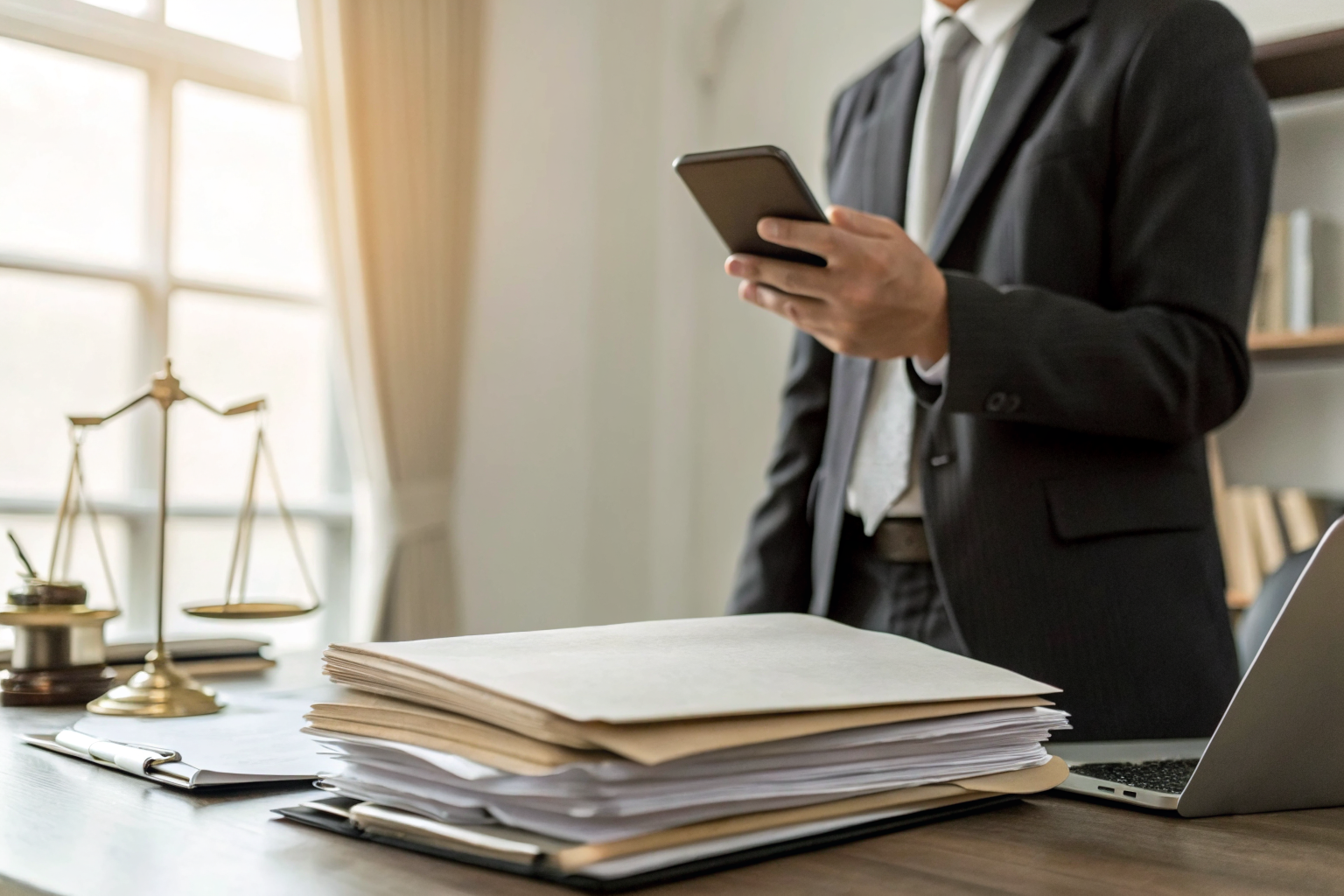 Businessperson with phone and legal papers on one-party consent.