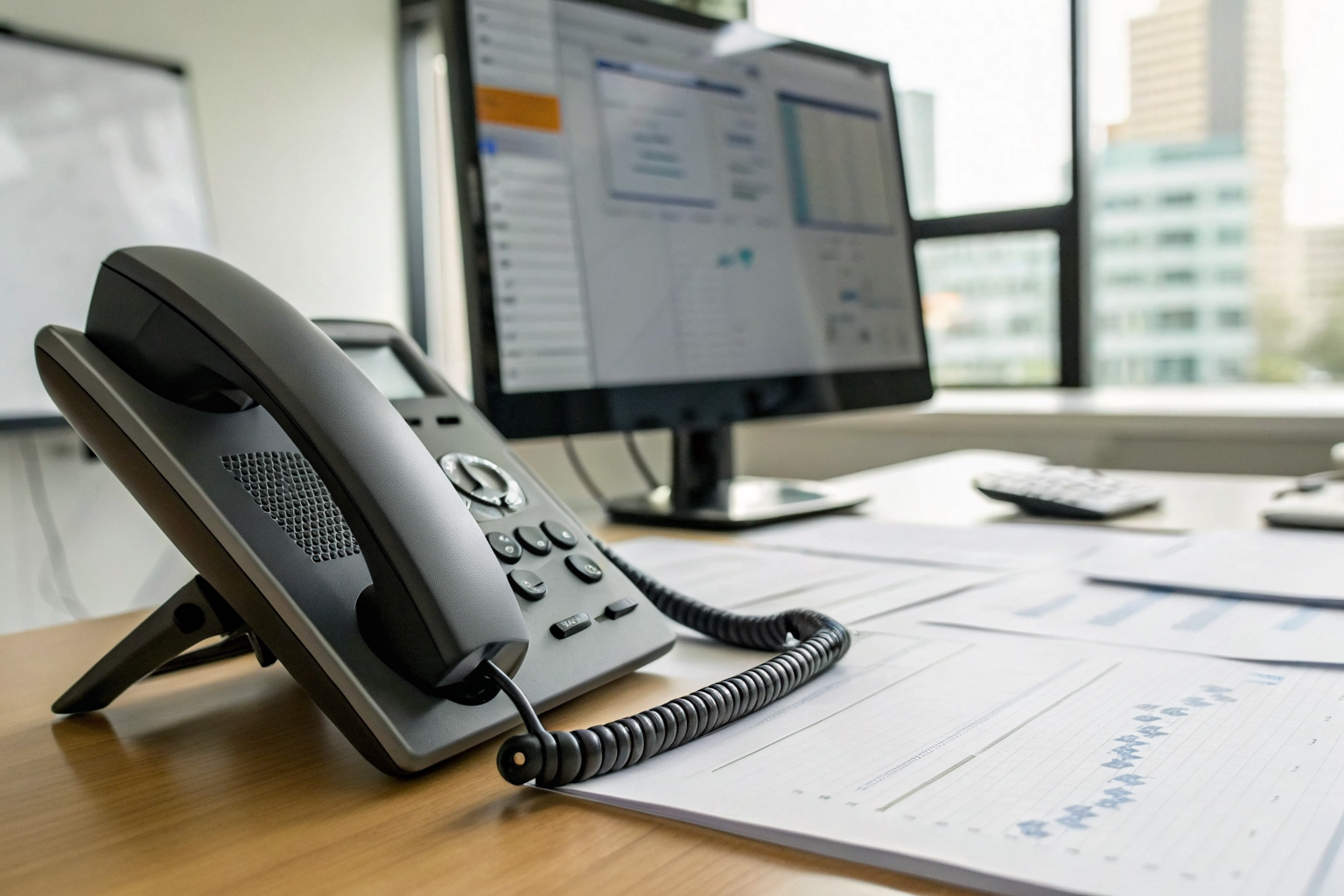 Desk with demo line phone and data sheets in Phoenix office.
