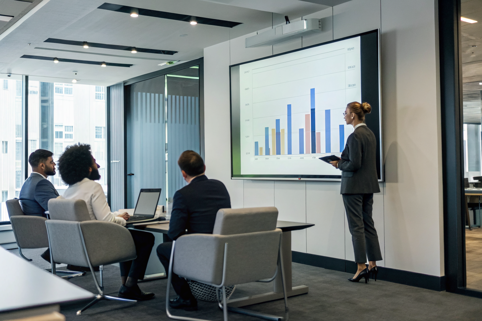 Office with break-even calculation on screen showing AI cost recovery.