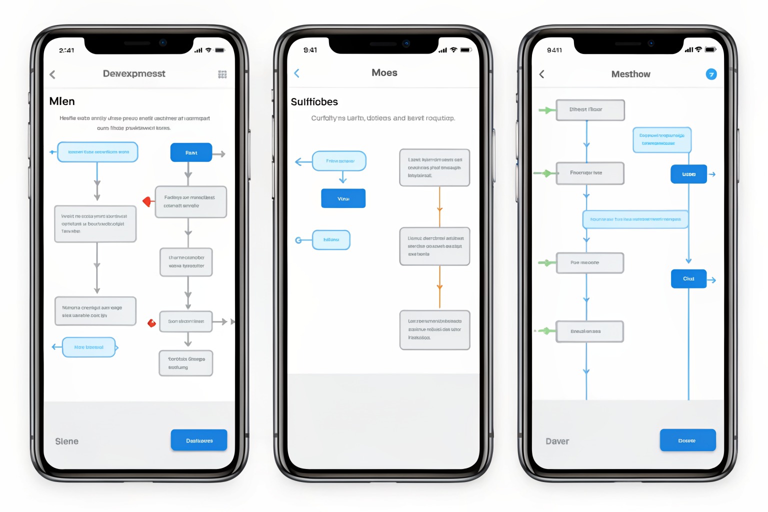 Smartphone screens in flowchart style showing SMS conversation steps