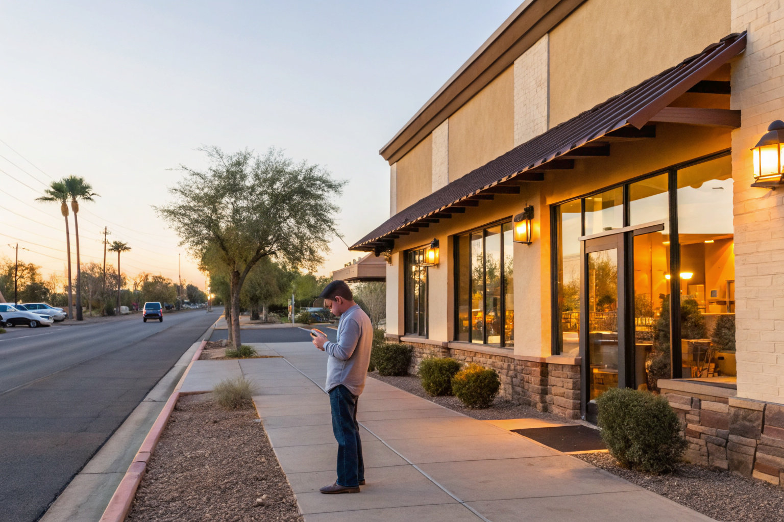 Gilbert trade storefront with person on smartphone.