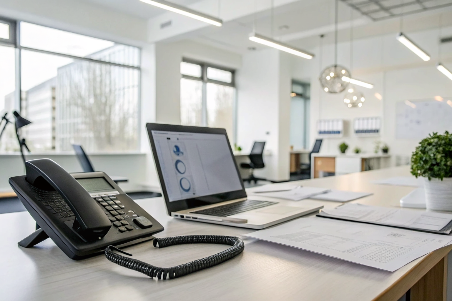 Office with ringing phone, AI interface, and legal documents.