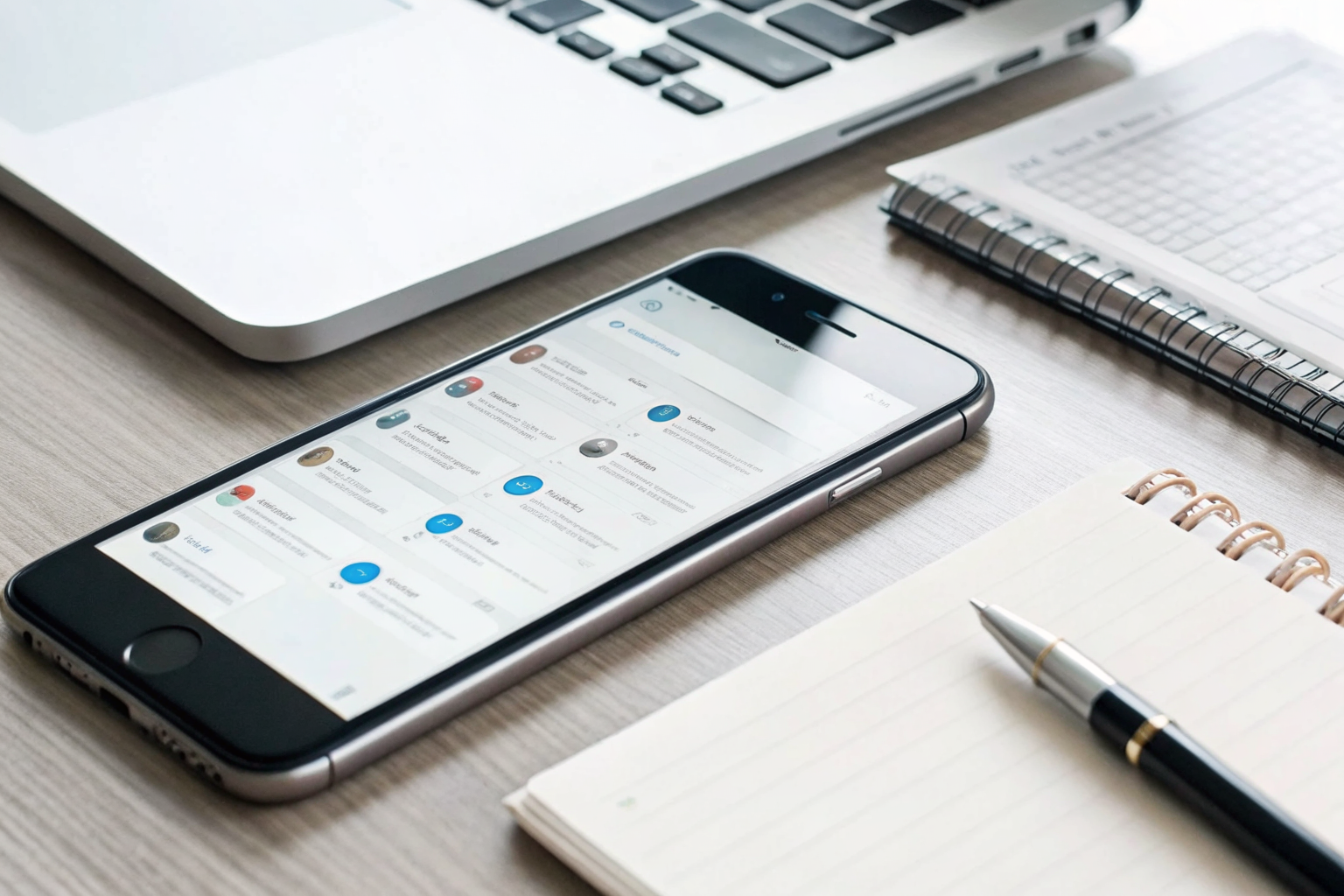 Smartphone with AI analyzing text messages on a business desk.