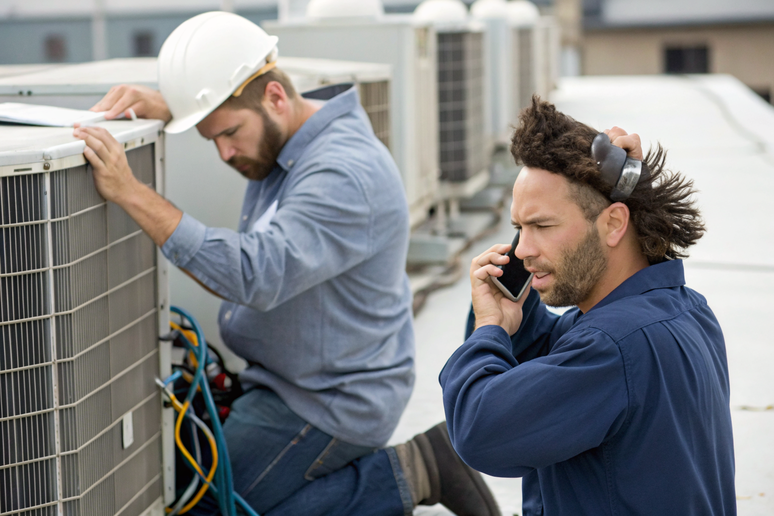 Tradespeople busy with tasks, unable to answer phones.