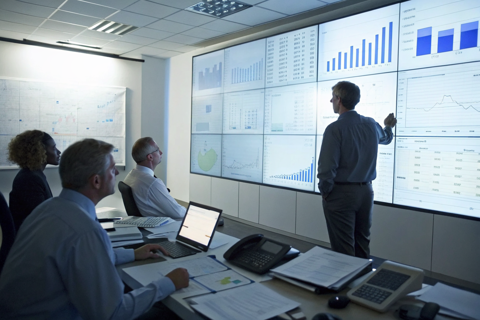 Phoenix office with owners calculating ROI on screen.