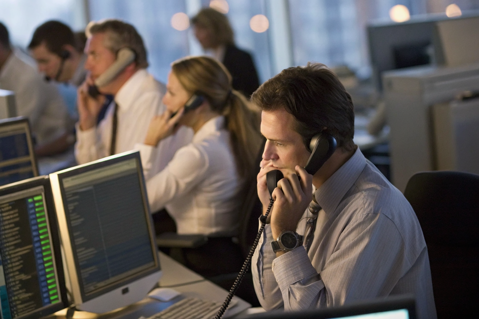 Call center after-hours with staff handling overflow calls.
