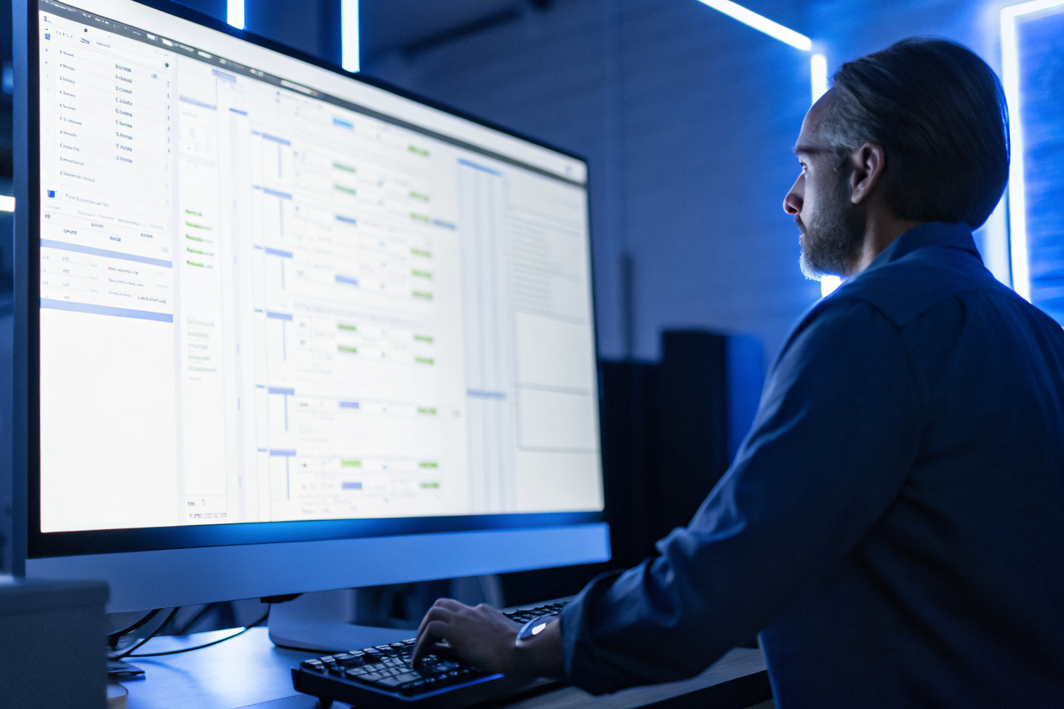 Operator monitoring consent-capture workflow on monitor with timestamps.