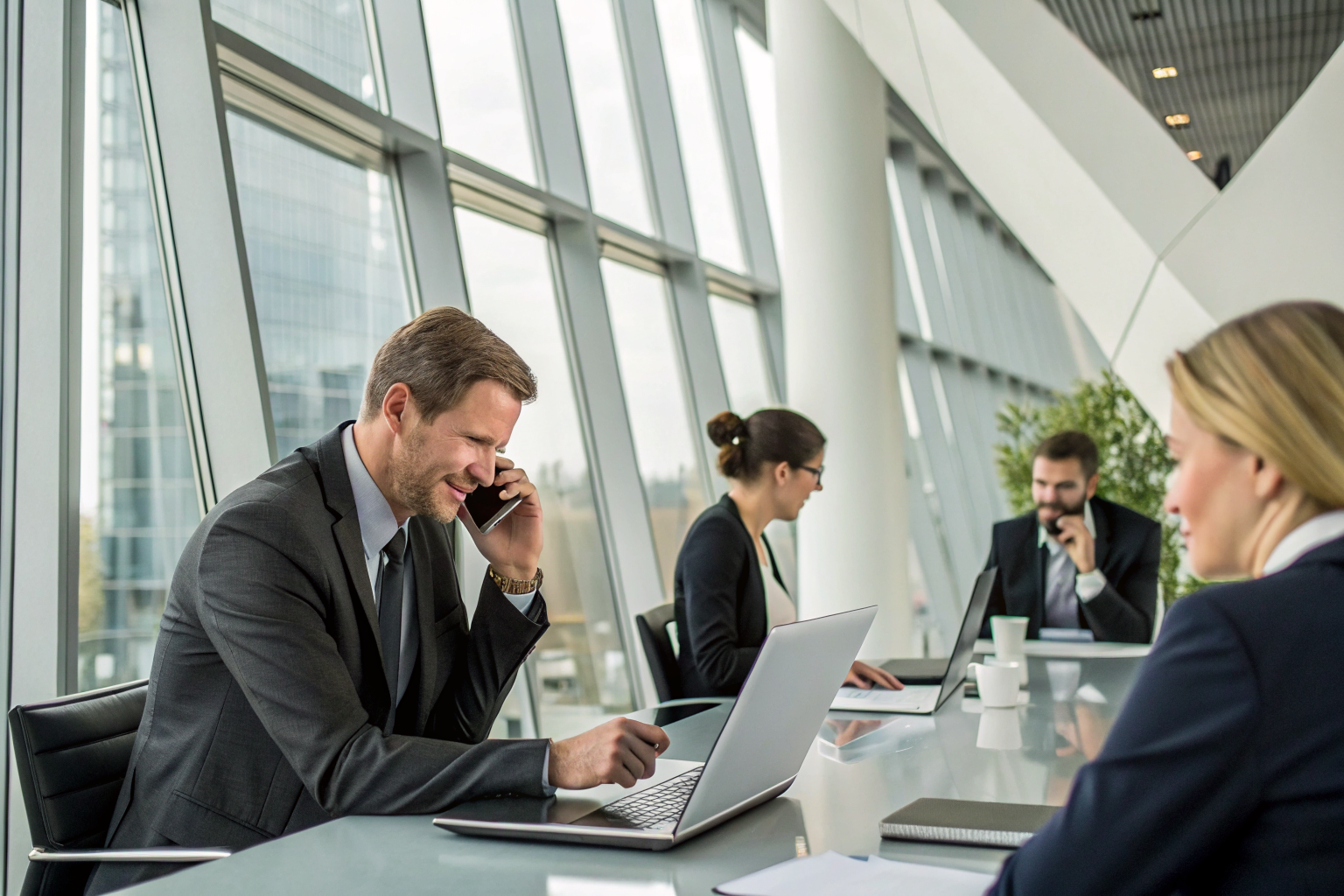 Business professionals in office, discussing calls, modern tech setup.