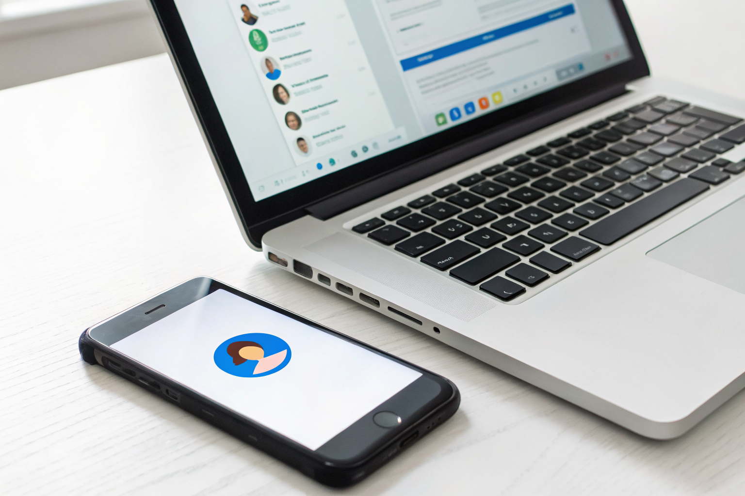 Phone, tablet, and laptop showing AI receptionist, SMS, and webchat channels.