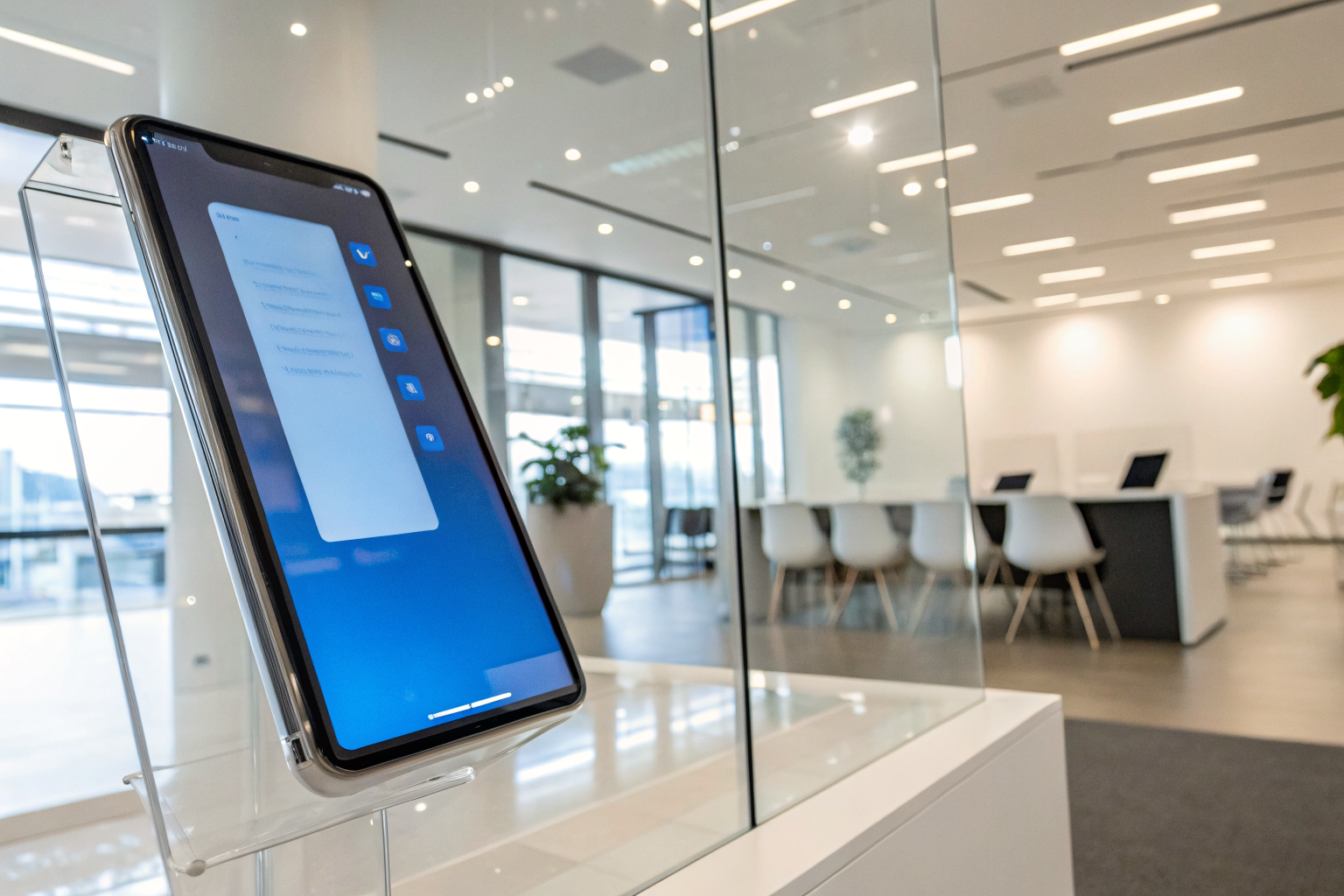 AI system greeting caller on phone screen in a modern office.