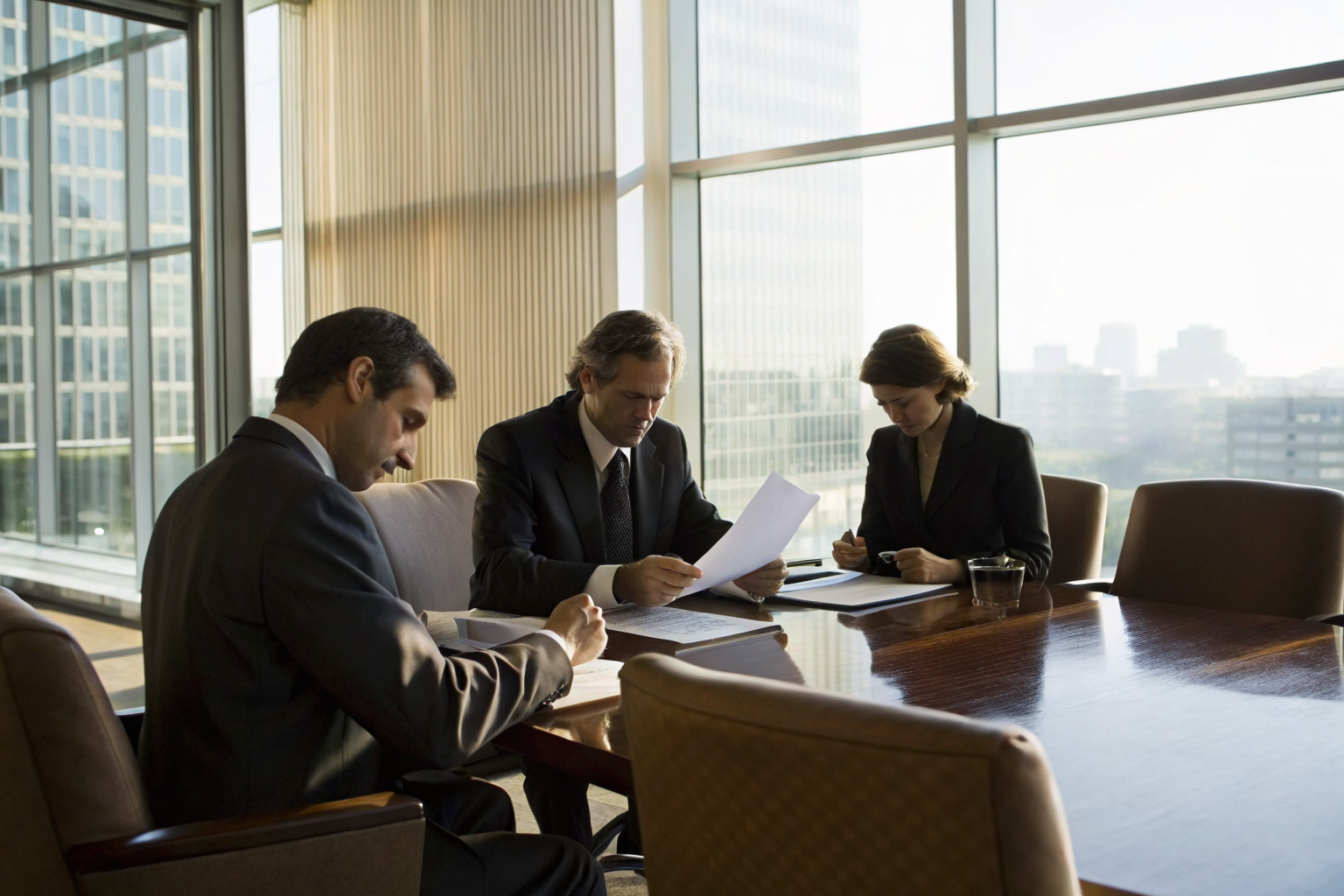 Executives in meeting room reviewing consent forms for AI calls and texts.