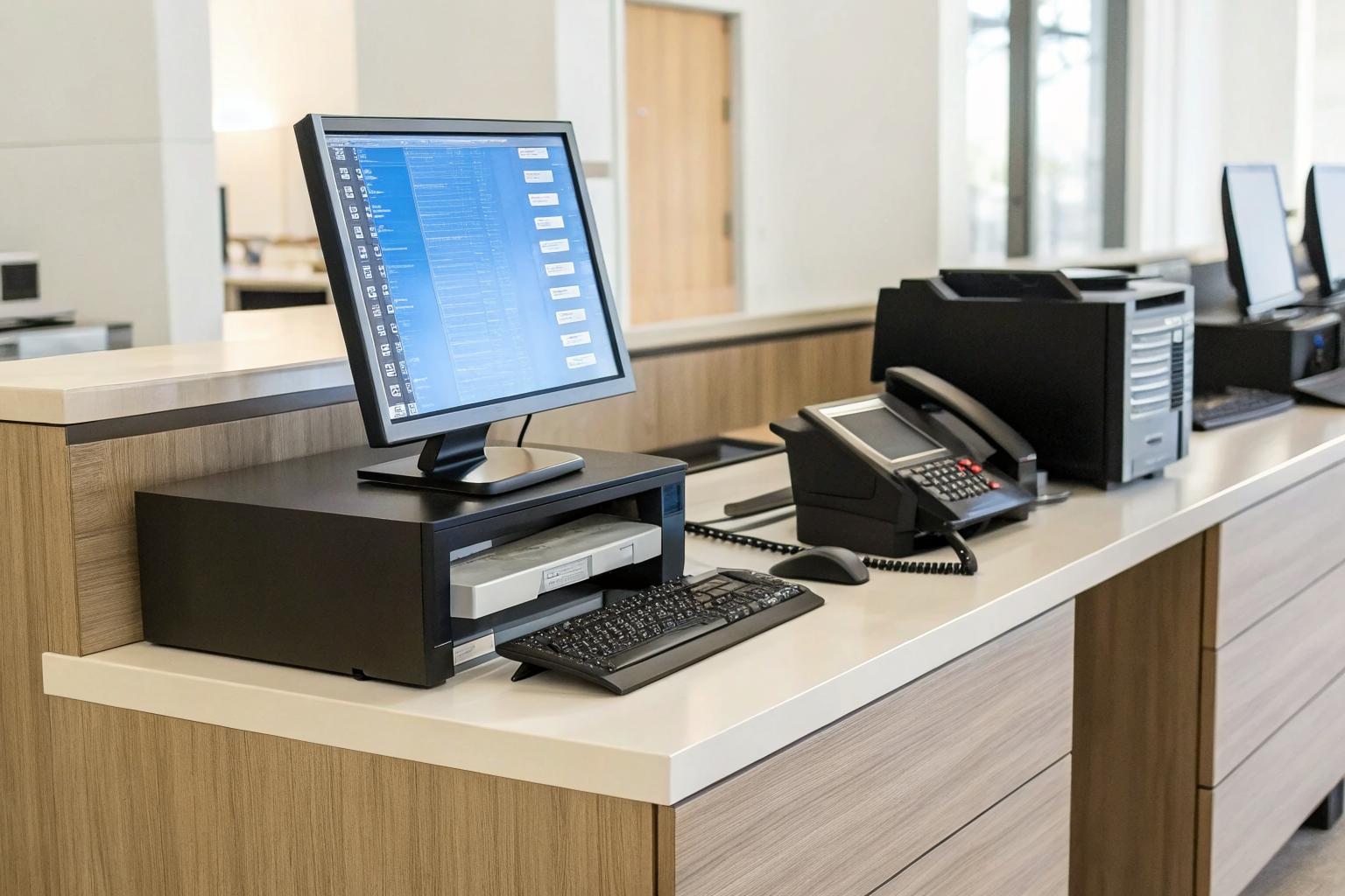 Comparison of traditional receptionist desk and AI-managed workstation.