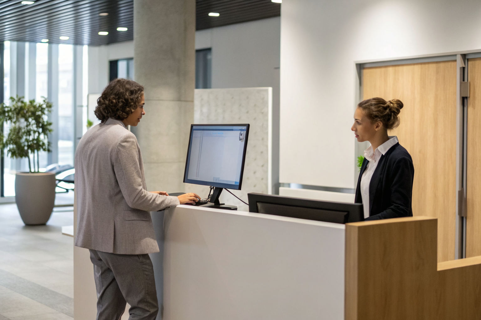 Office with human receptionist and AI screen, emphasizing cost differences.