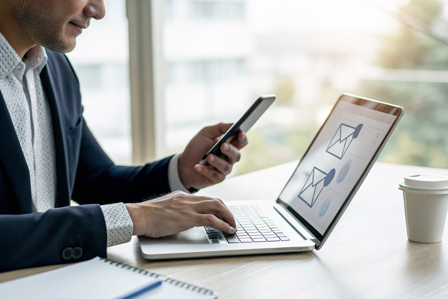 Professional integrating CRM on laptop, SMS on smartphone, office setting
