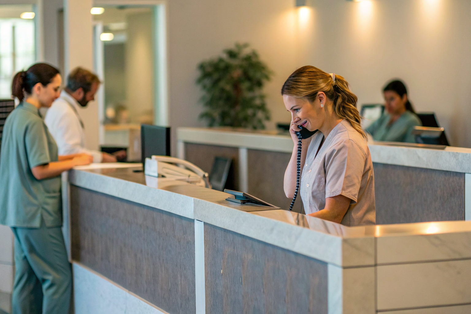 Dental reception with staff multitasking.