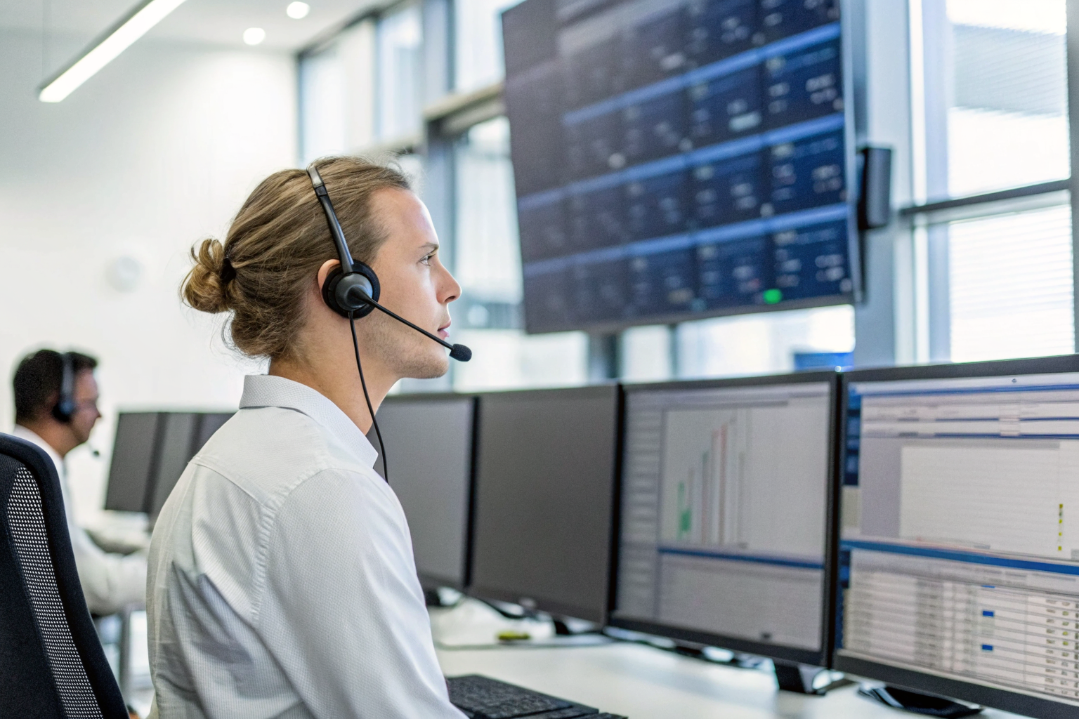 Call center operator with headset, screens showing auto-dial and messaging systems.