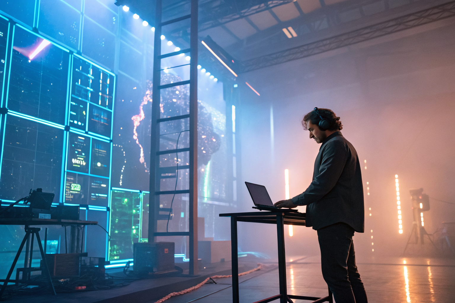Holographic AI interfaces in vibrant workspace with dramatic lighting.