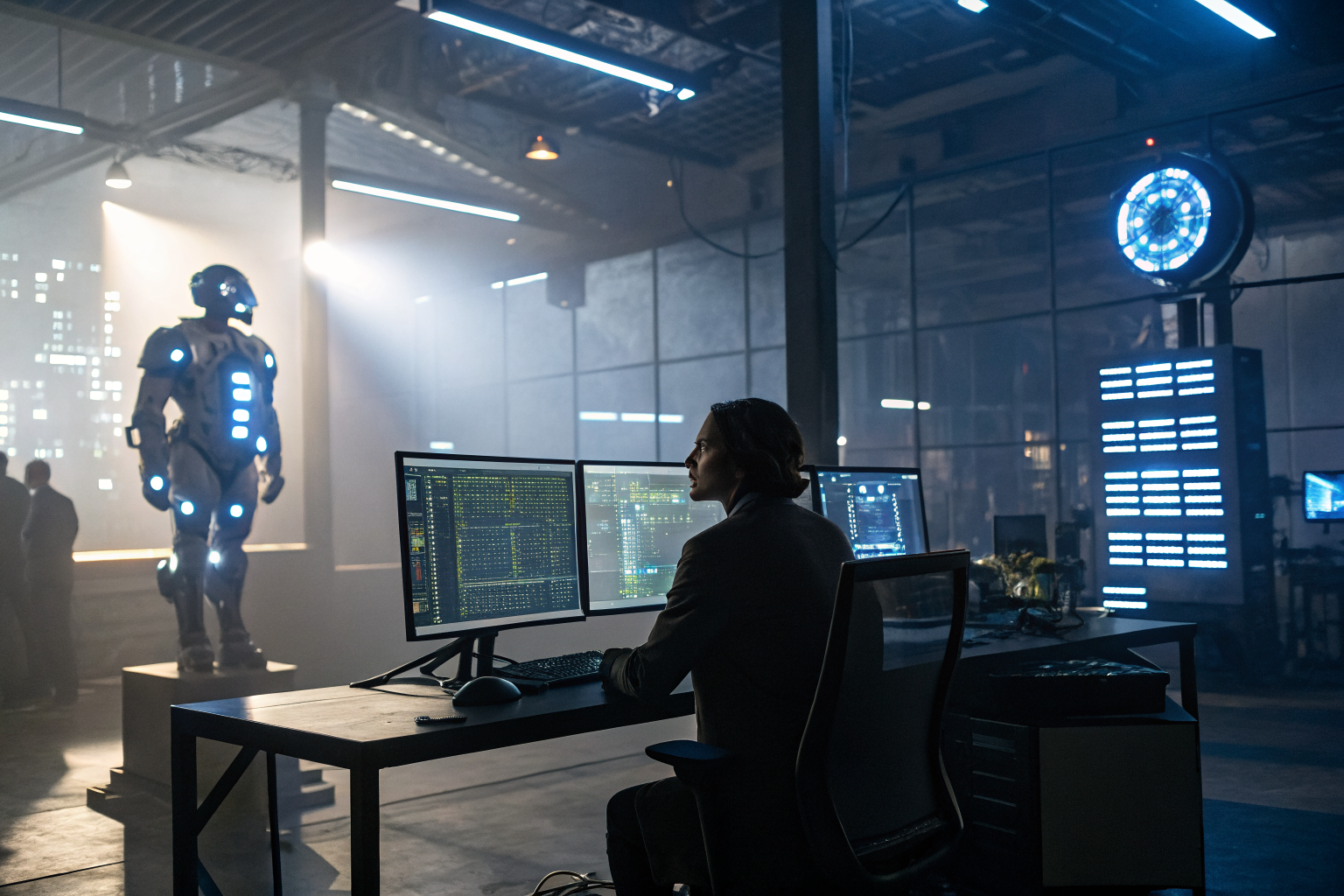 Futuristic office with AI interface, screens showing calendar and call logs.