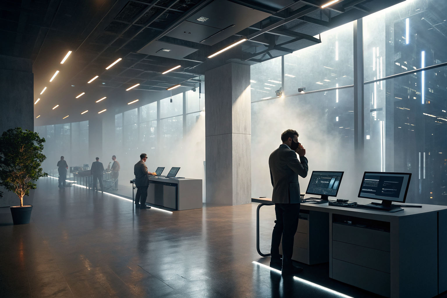 Futuristic office with AI devices handling calls in Phoenix.