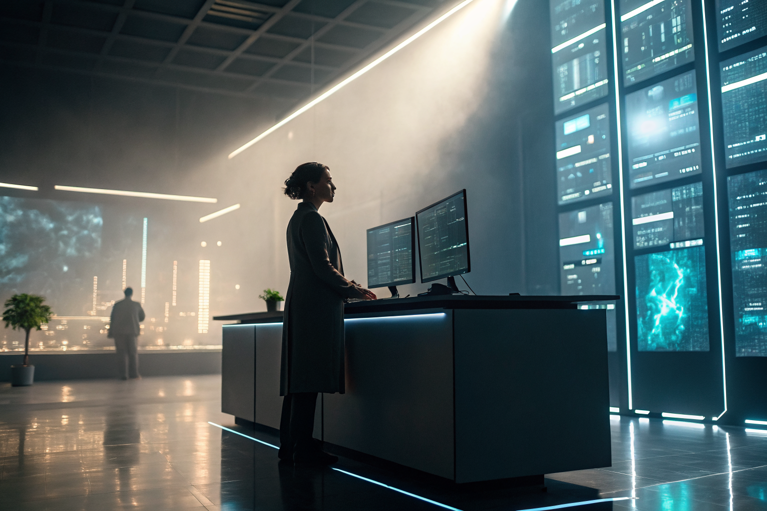 AI receptionist with digital interfaces in modern office, 8k resolution.