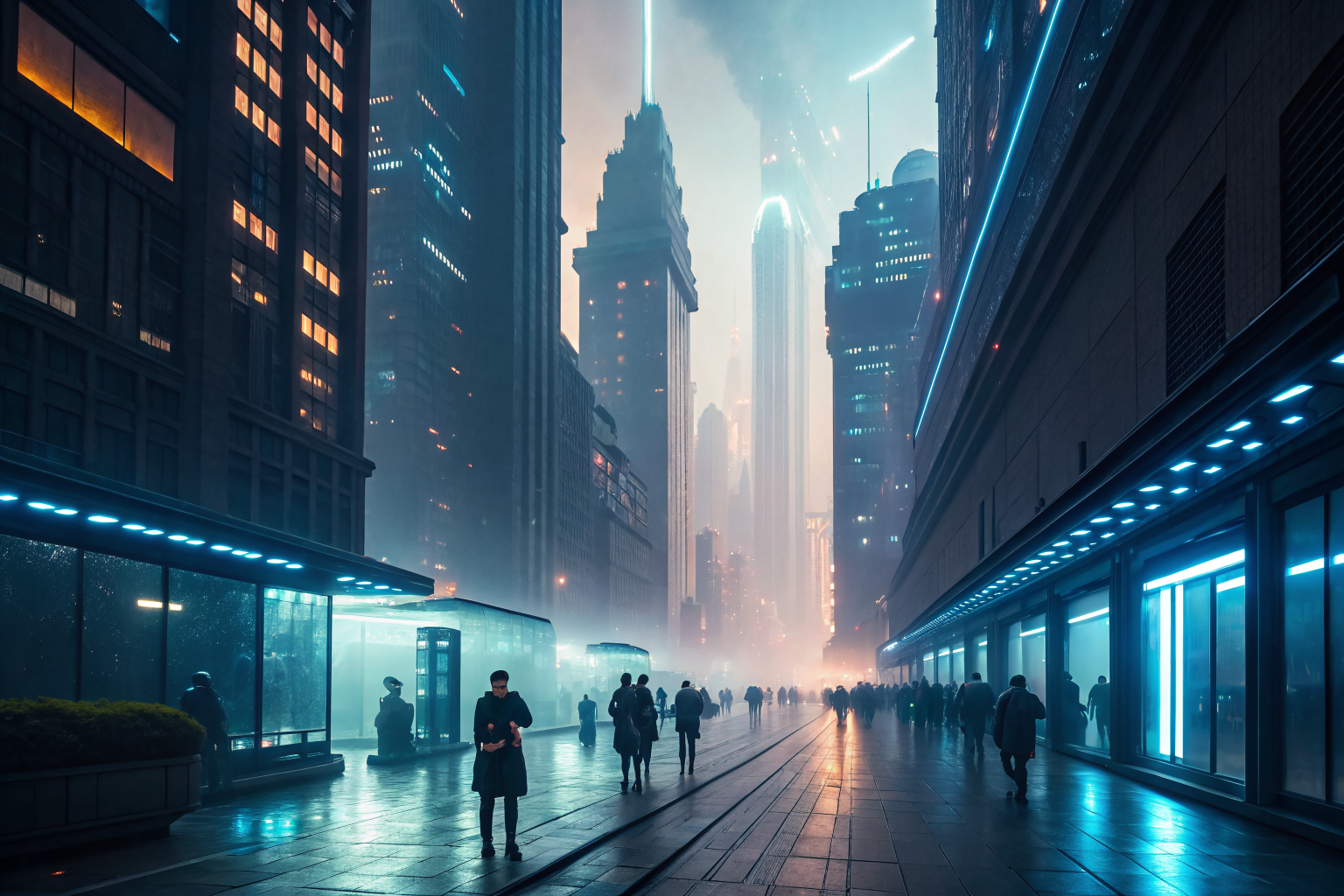 AI hub in a vibrant tech city, dramatic lighting, advanced connectivity.